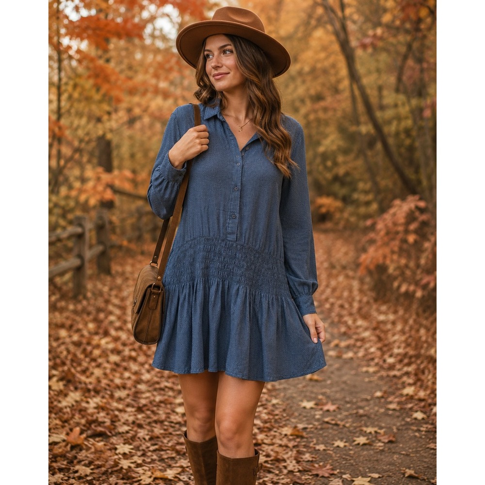 Madewell Womens Blue Geometric Diamond Smocked Drop Waist Ruffle Shirt Dress‎ M
